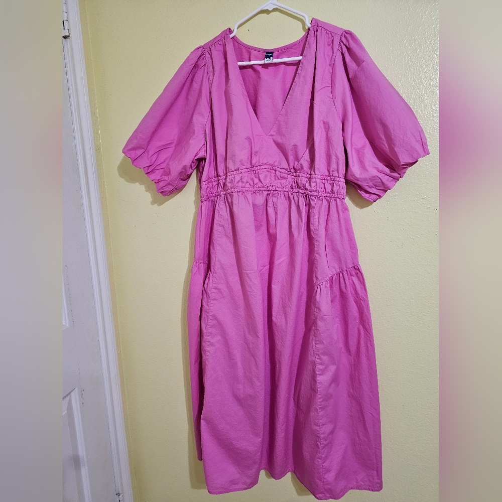 Bright Pink V-Neck Puff Sleeve Maternity Dress